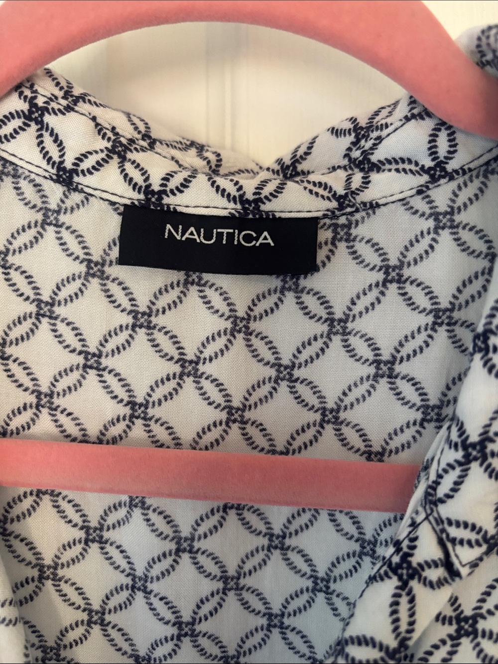 Nautica Navy & White Geometric Print Tie Waist Midi Shirt Dress | Size S - Picture 2 of 8